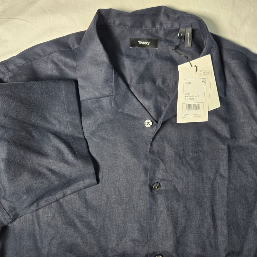 Theory Daze Baltic Precise Linen 2 Camp Collar Shirt Navy Blue Mens L Q0173516